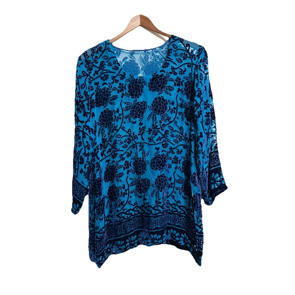 Velvet Burnout Sheer Floral Tunic Top Women's L Blue Whimsical Fairycore Royal